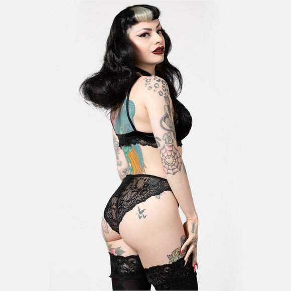 Killstar ✦ Pin Struck Bra & Panty Set ✦ Black Gothic Cage Straps Triangle Cups M - Picture 2 of 8